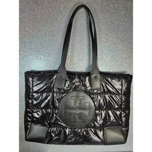 TORY BURCH Ella Puffer Tote Bag Black Quilted Nylon Shoulder Bag Large